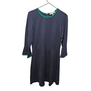 Jude Connally Navy Blue Fit & Flare Knit Dress Preppy Bell Sleeve Ponte Knit M